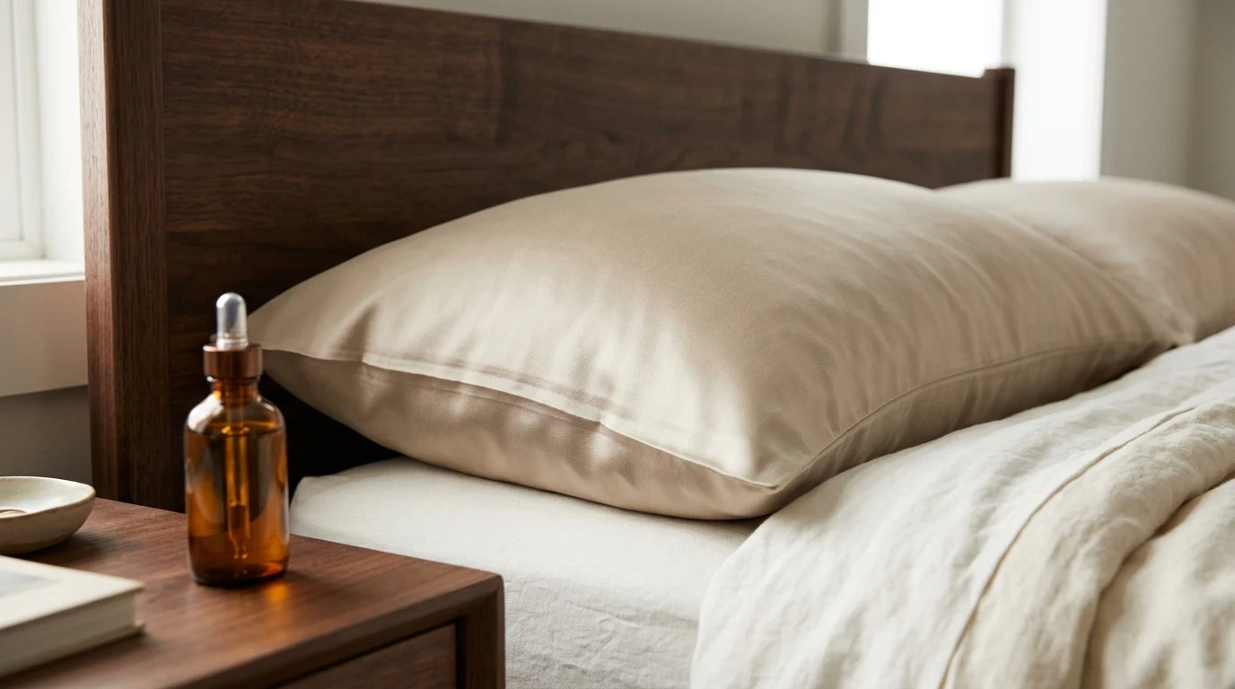 Champagne mulberry silk pillowcase resting on a bed highlighting smooth low friction fabric texture.