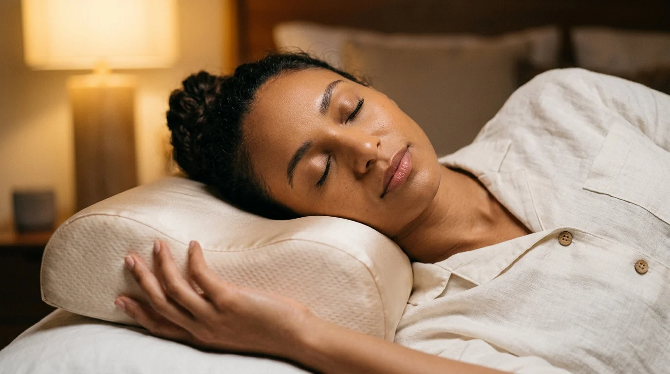 Woman resting on a silk pillowcase to preserve a formal updo overnight