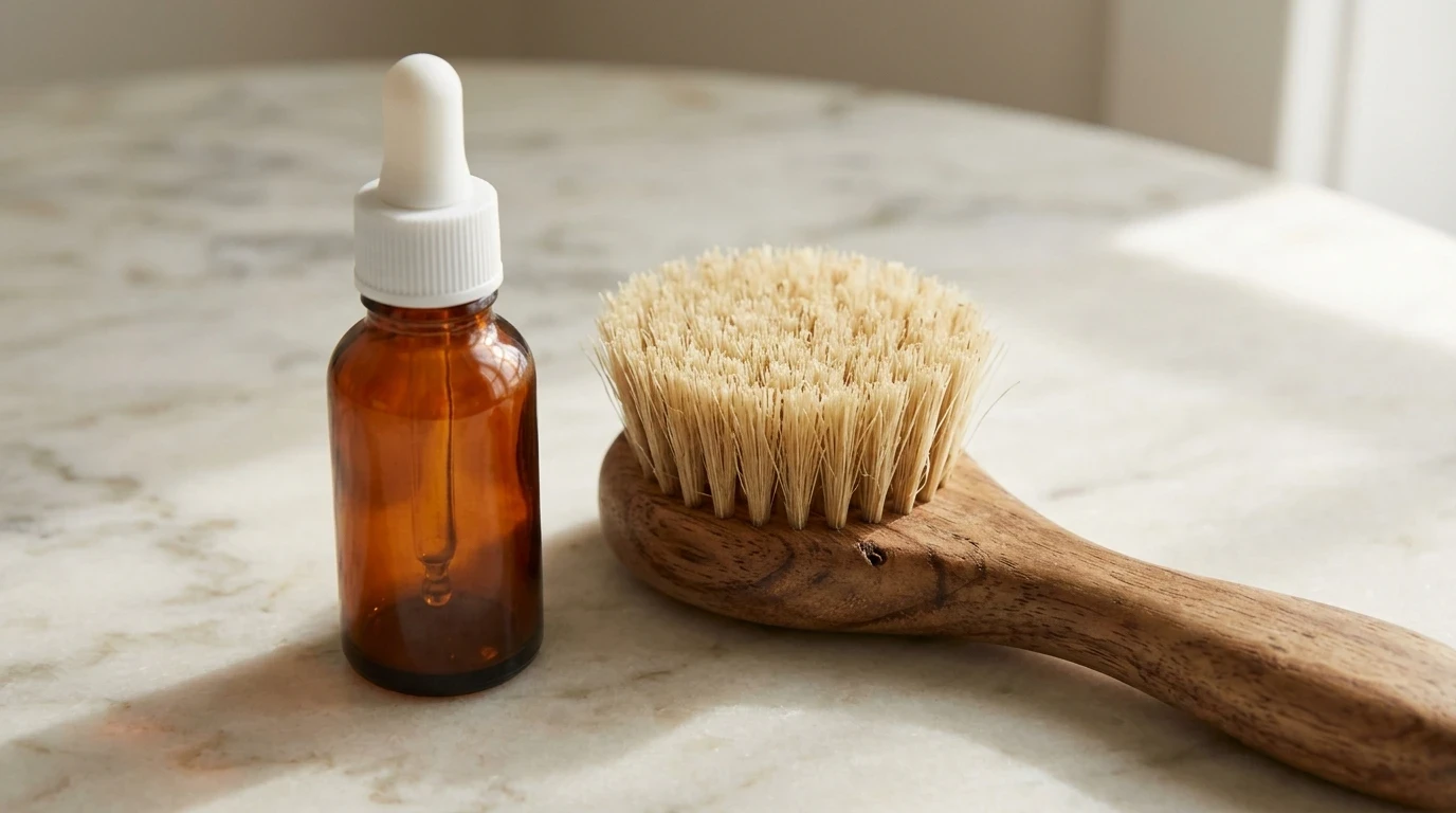 Amber dropper bottle and natural wooden face brush resting on a light grey veined marble surface.
