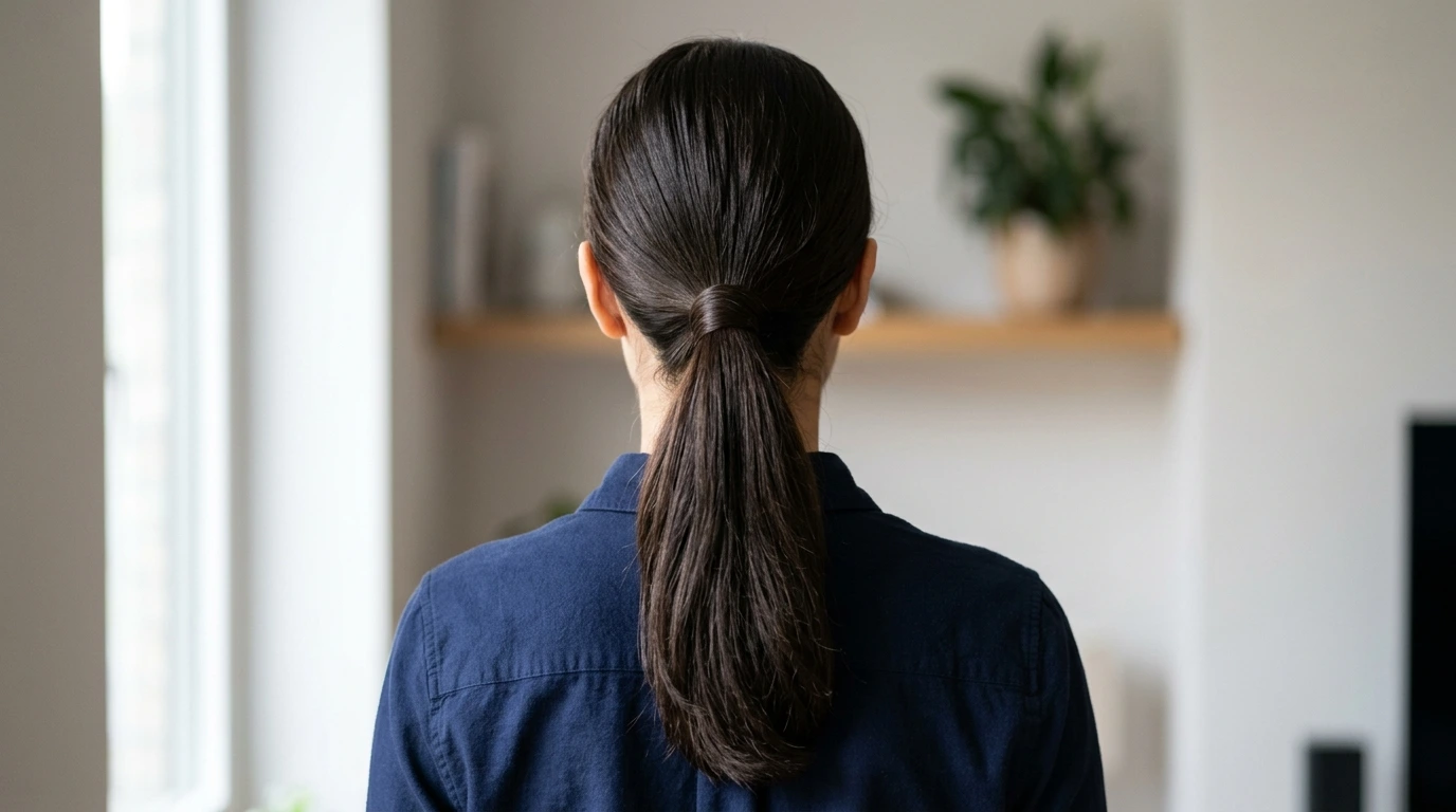 Sleek mid-height ponytail on thick dark hair with wrapped base covering the elastic