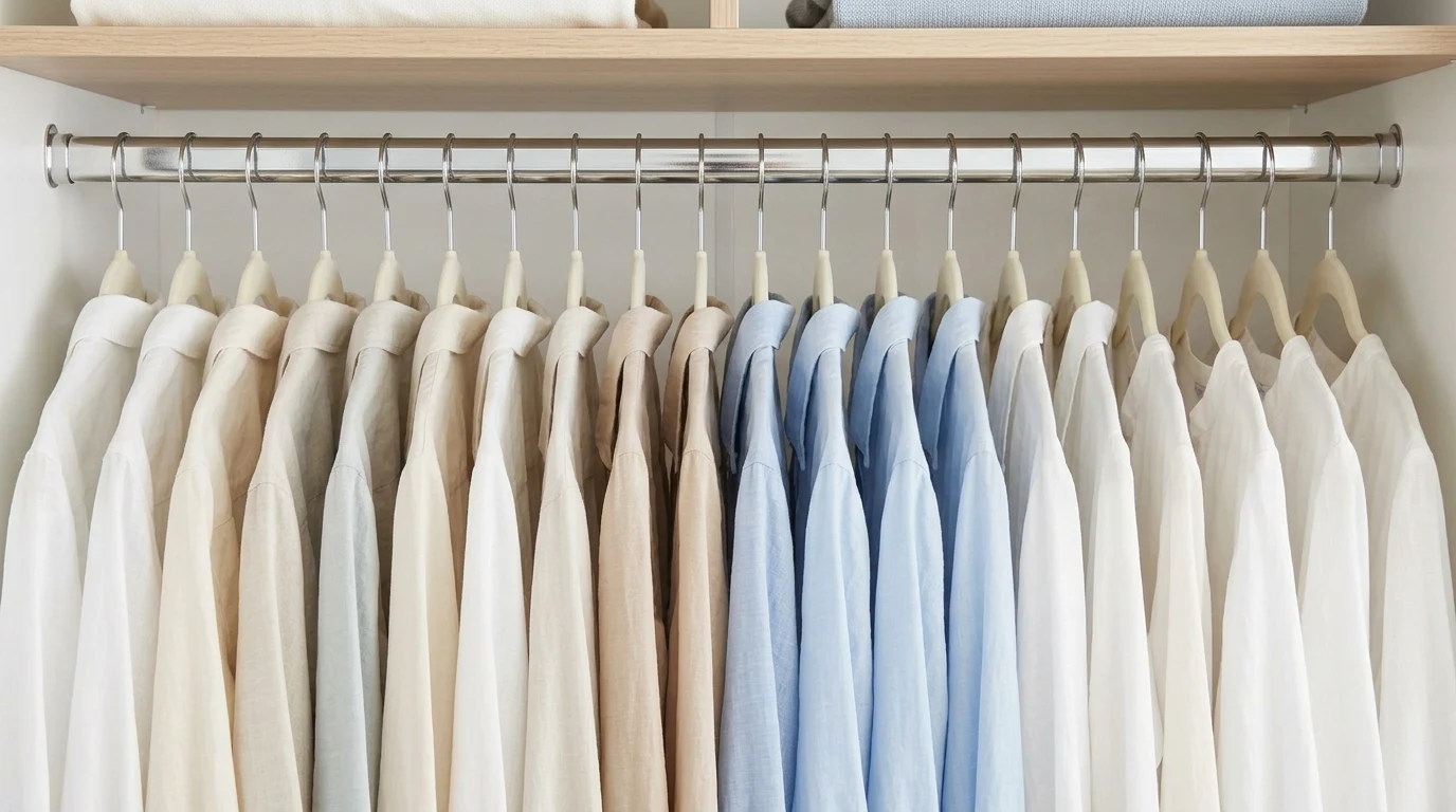 Uniform slim ivory velvet hangers lined up evenly along a polished metal closet rod