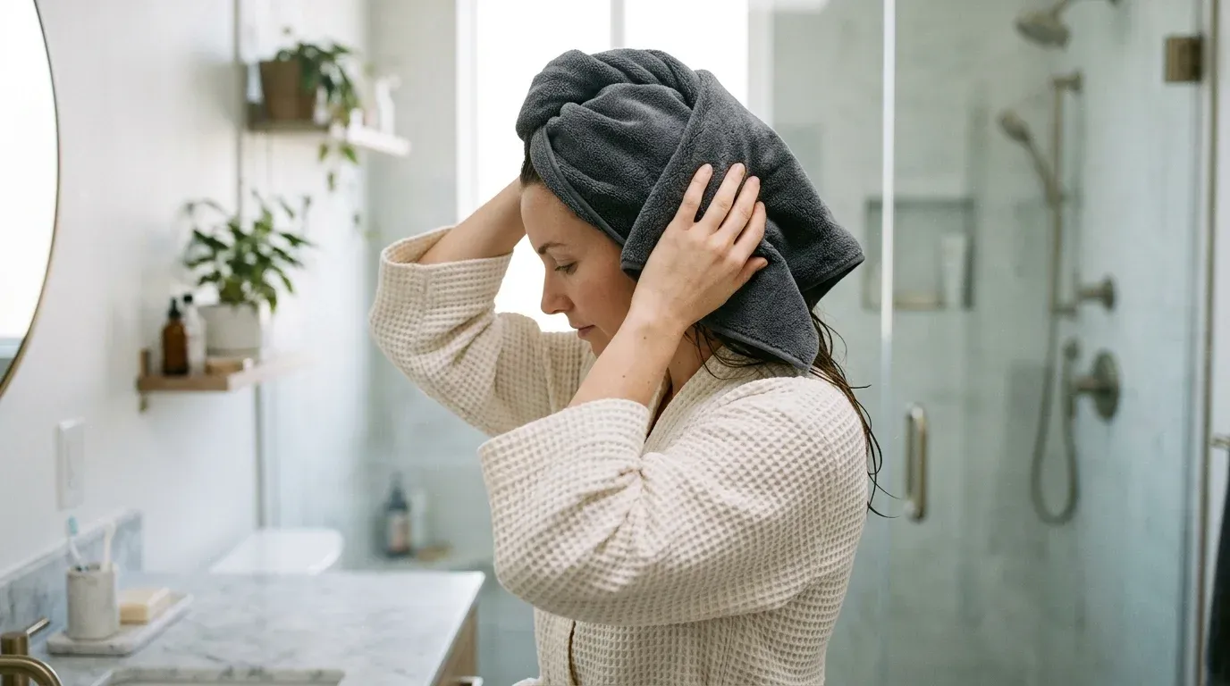 Wrapping wet hair gently with a gray microfiber towel to absorb excess water.