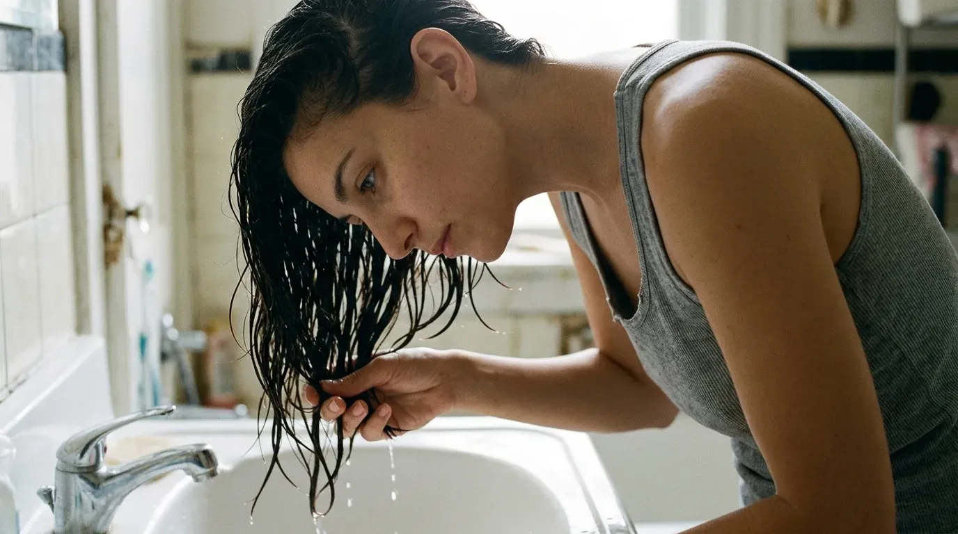 Hand squeezing wet hair upward over a white porcelain sink to work in conditioner.