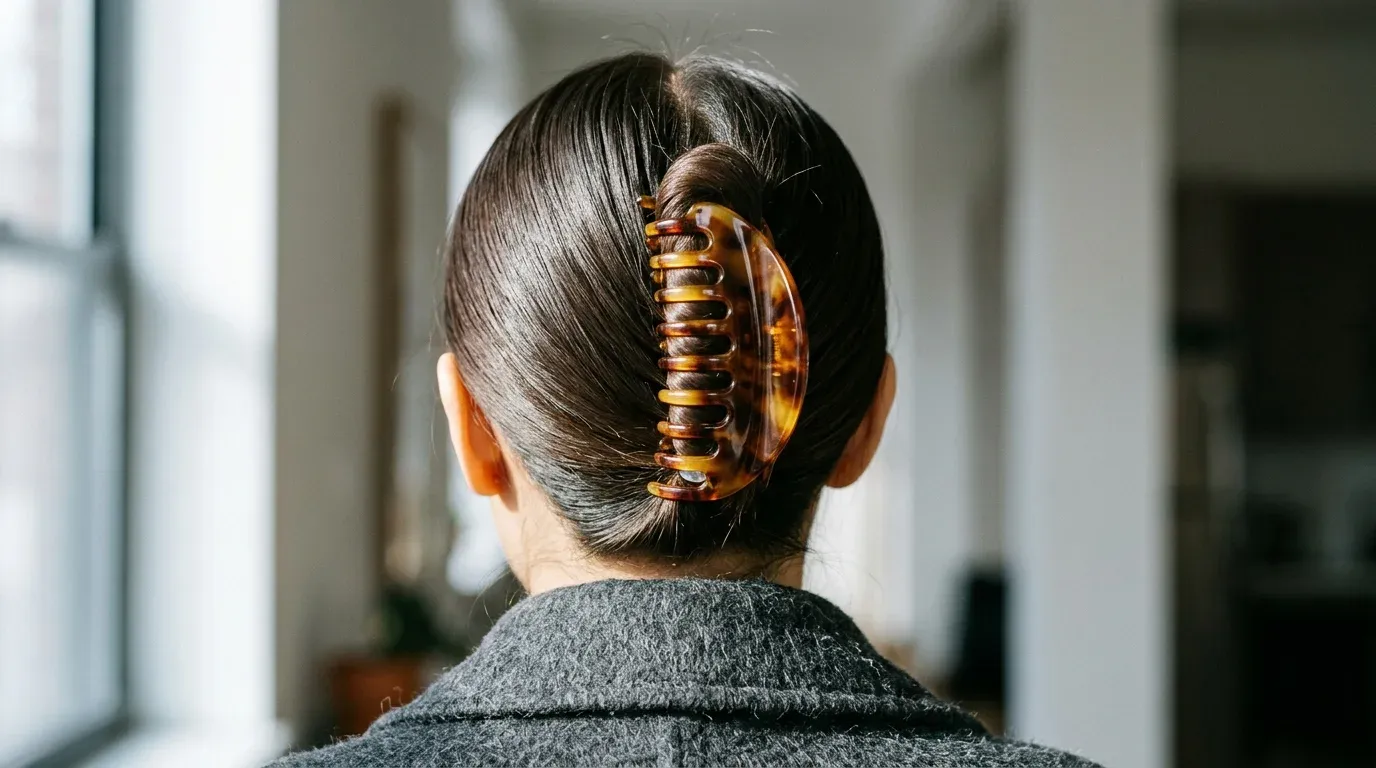 Long straight brown hair styled in a secure claw clip updo anchored over a hidden base band.