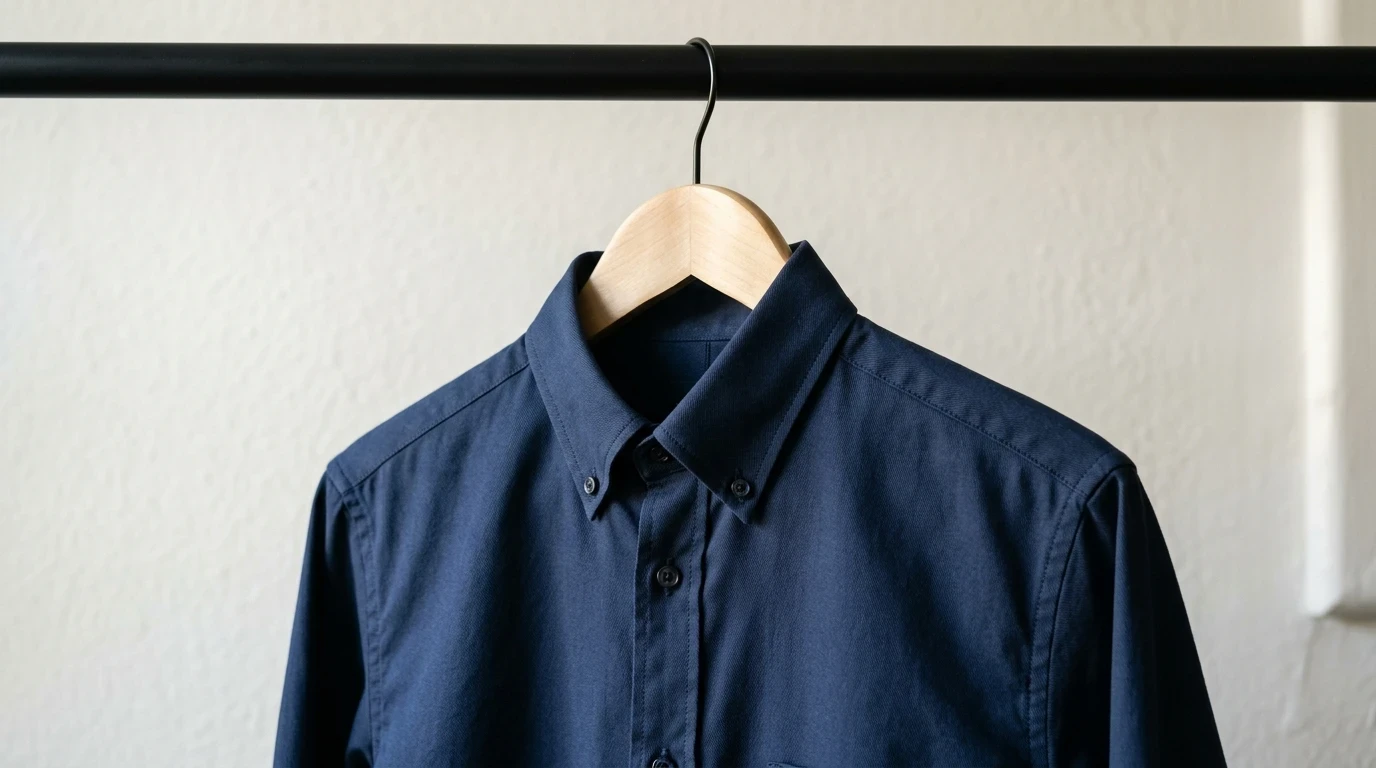 Navy blue cotton twill shirt on a wooden hanger showing precise shoulder construction and seams.