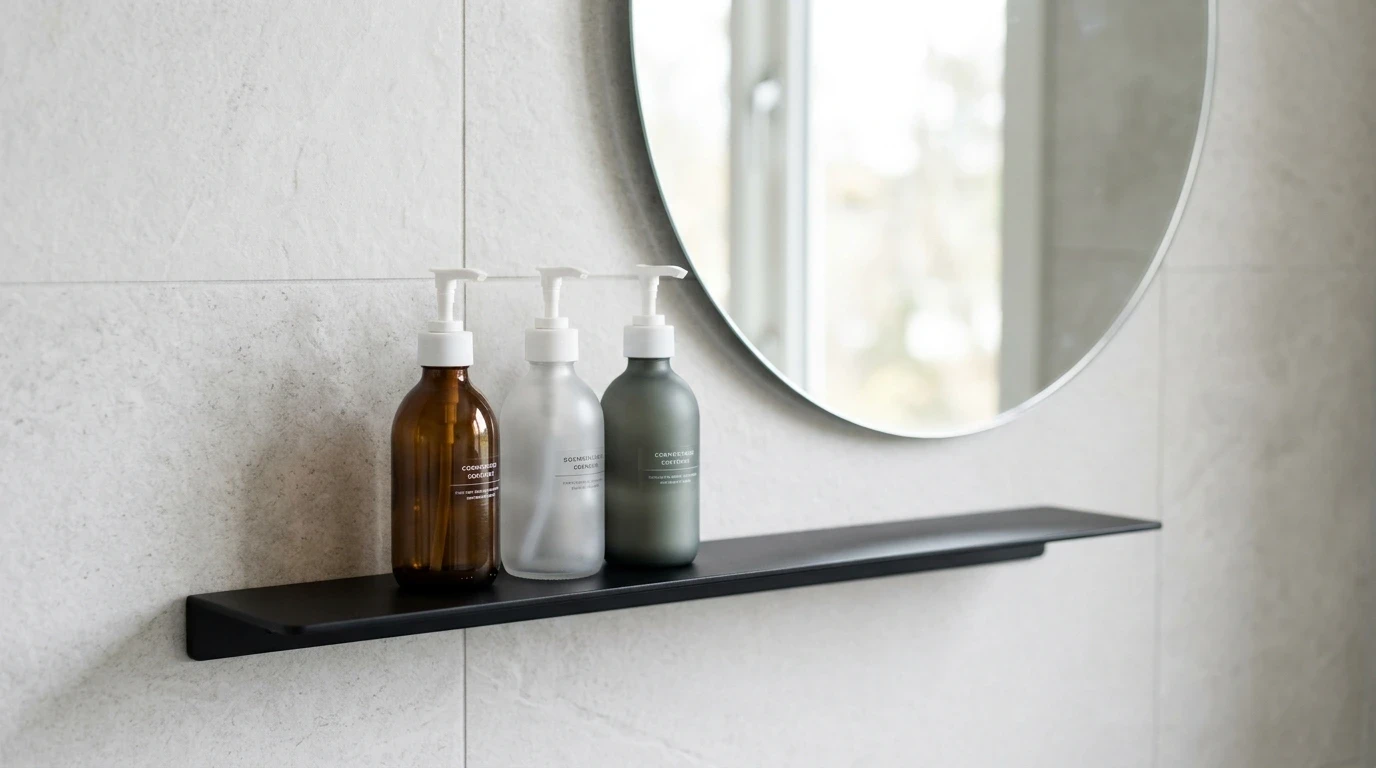 Three minimalist skincare pump bottles arranged neatly on a modern floating bathroom shelf.