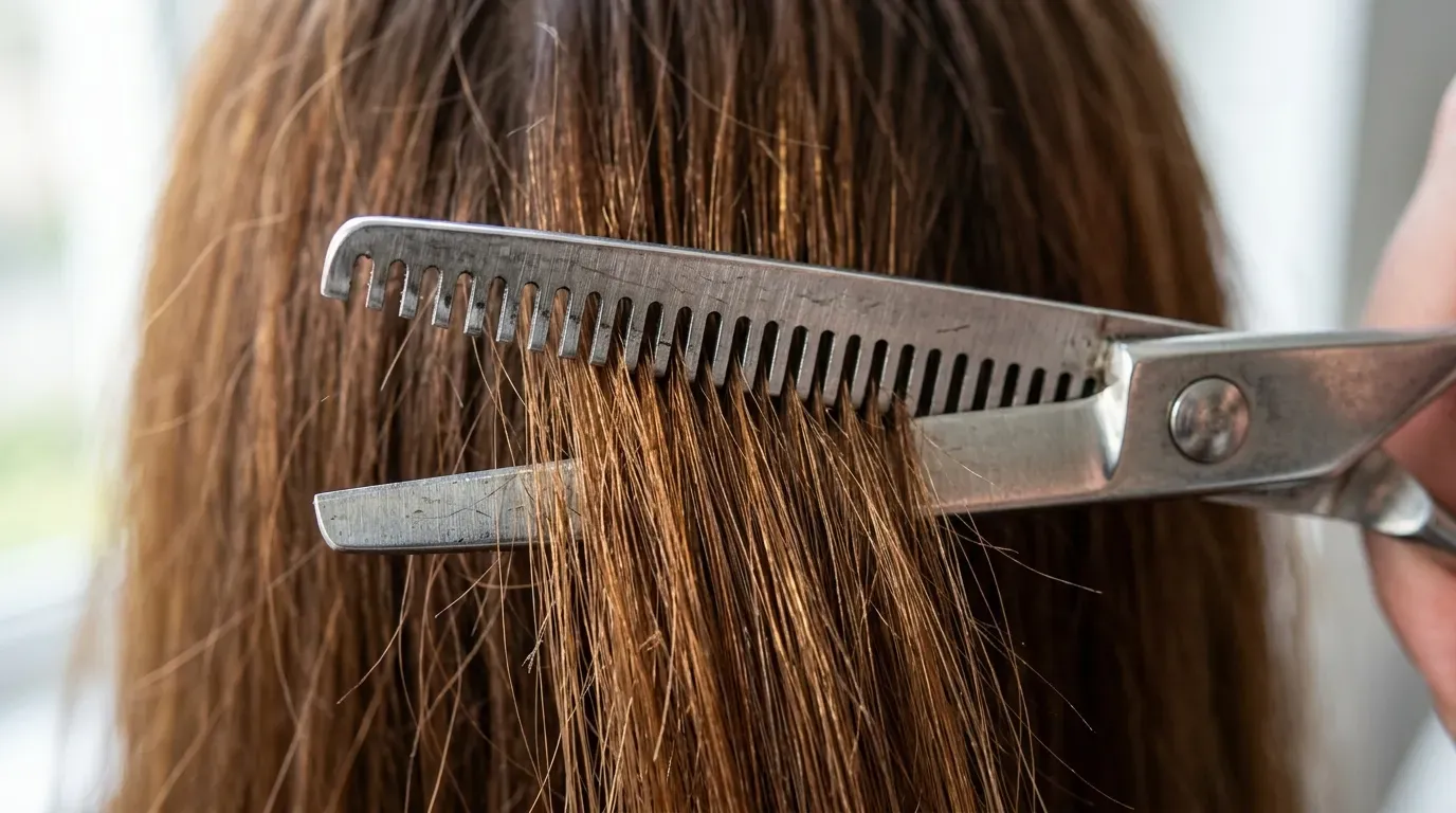 Steel texturizing shears snipping into the mid lengths of chestnut hair to remove bulk.