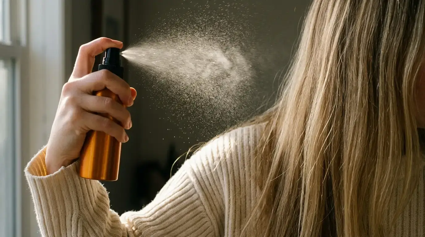 Applying dry texturizing spray to hair mid-lengths to create grip before styling.