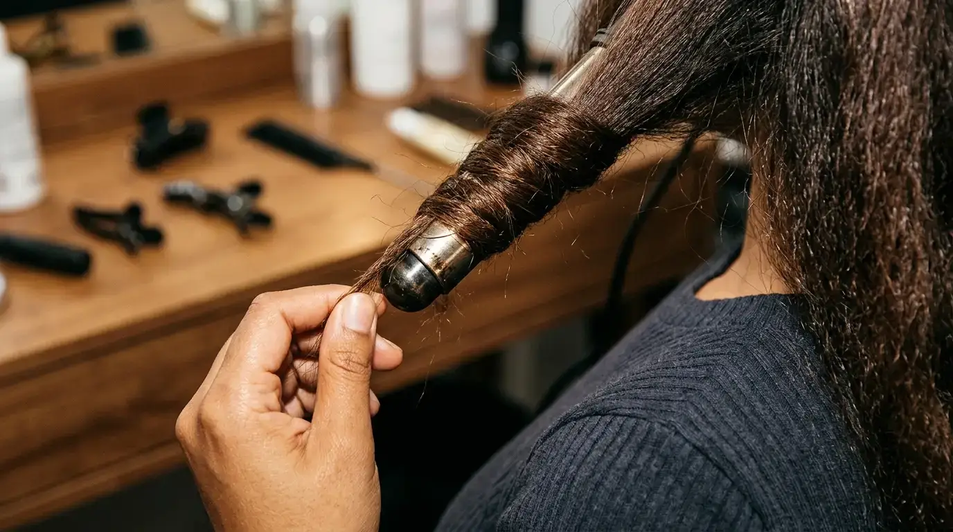 Wrapping thick coarse hair around a flat iron for defined curls.