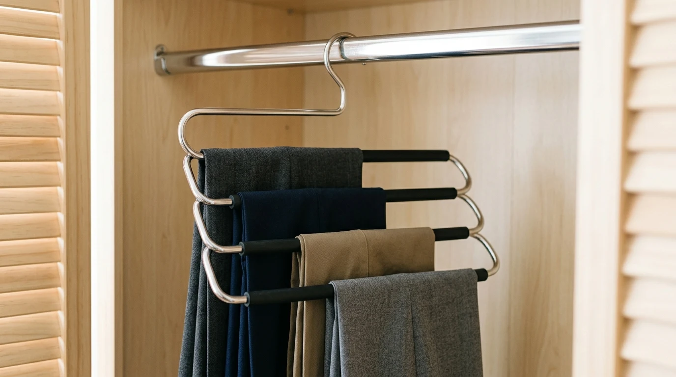 Tiered stainless steel trouser hanger holding multiple pairs of slacks in one vertical slot