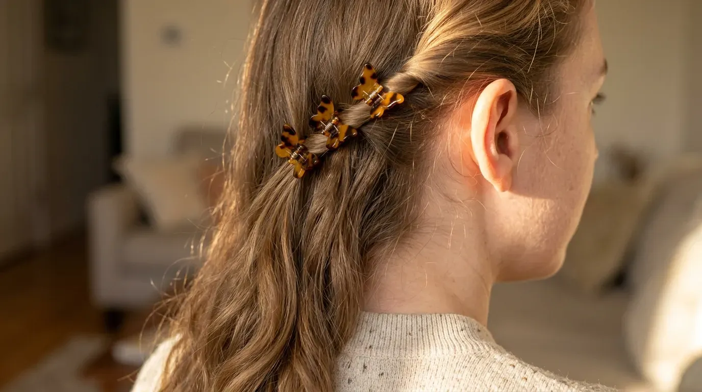 Side view of long hair pinned back neatly using three miniature tortoiseshell claw clips above the ear.