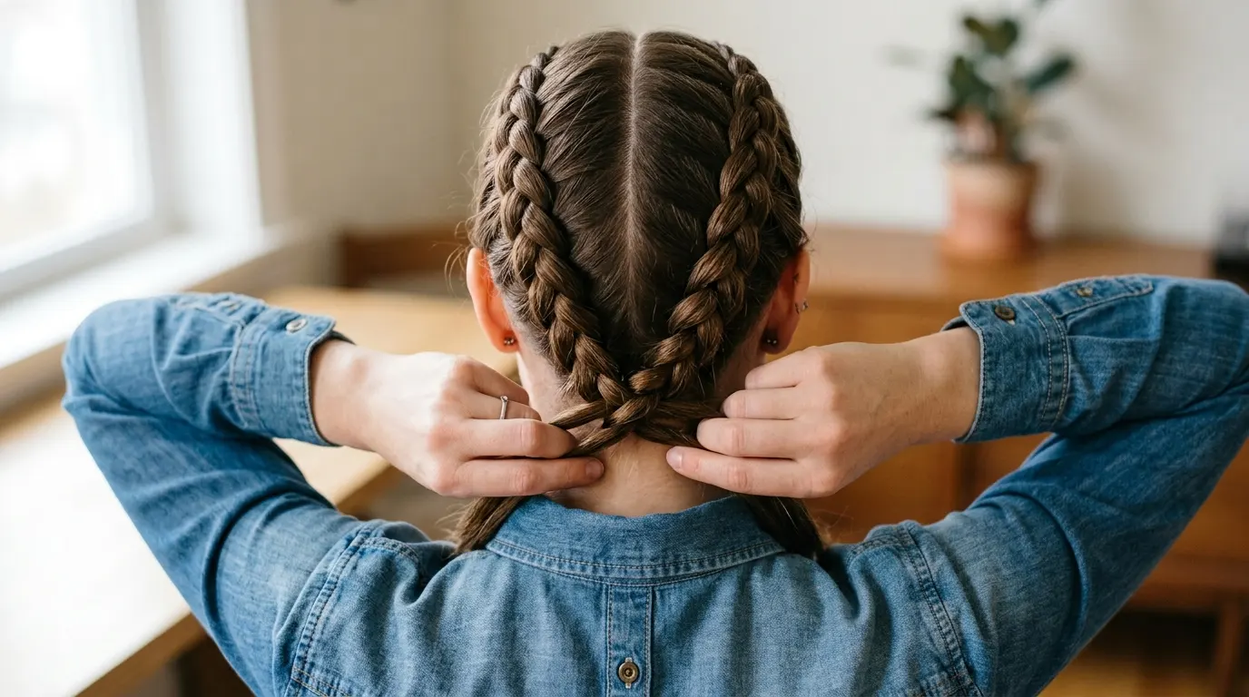 Twin Dutch braids woven tightly along the scalp to contain heavy oily hair