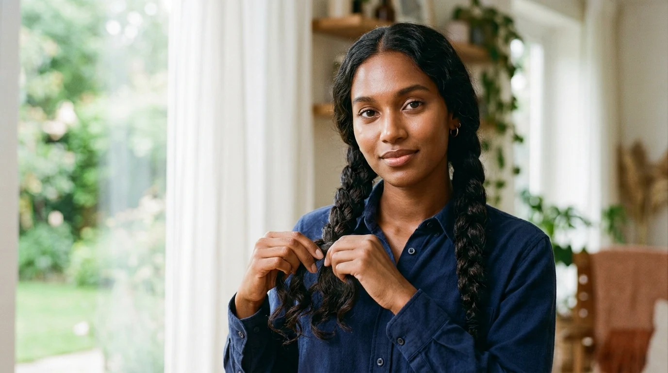 Woman with thick hair showing twin side plaits resting forward over the shoulders