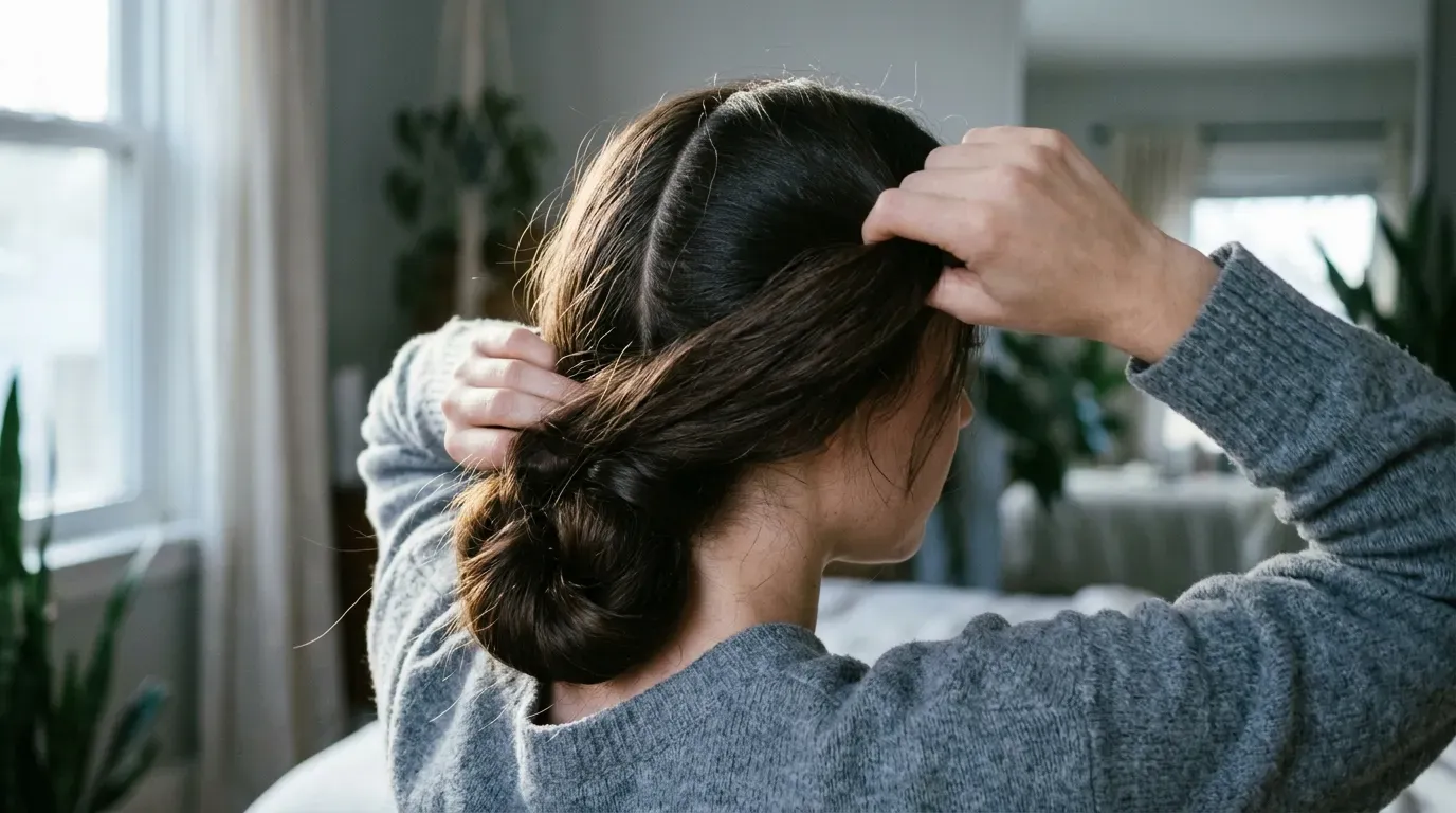 Dividing long thick hair into two sections to prevent an updo from sagging under heavy weight.