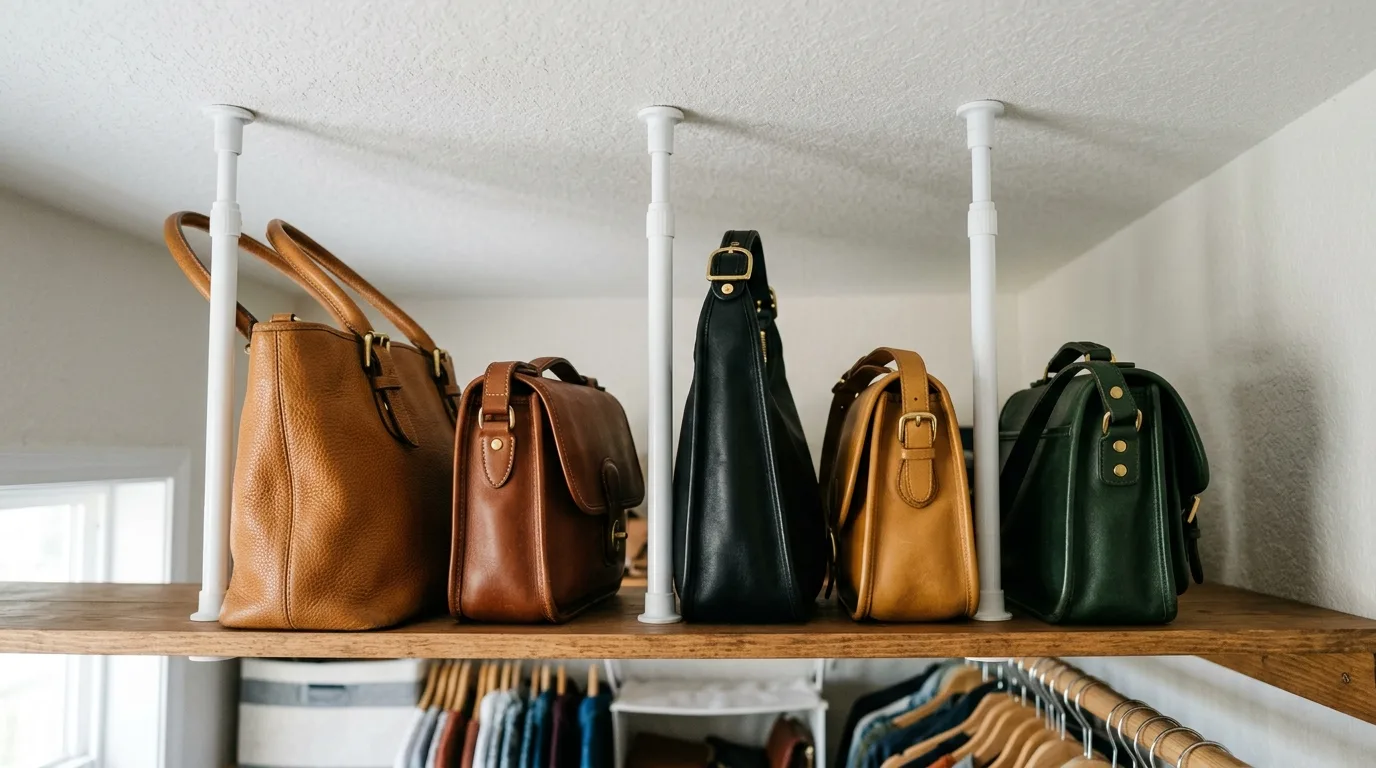 Vertical white tension rods separating and holding leather handbags upright on a shelf