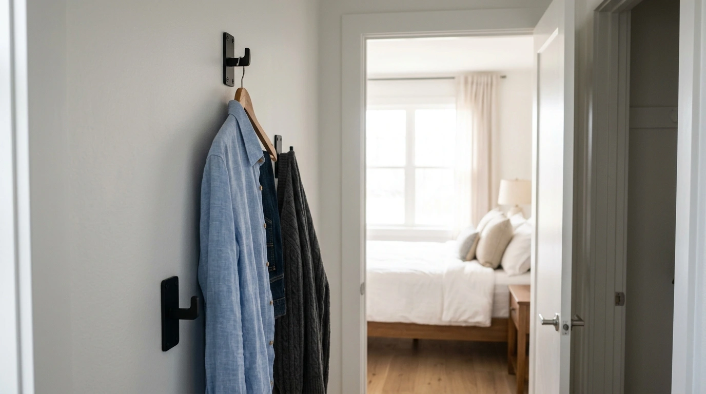 Heavy matte black wall hooks holding the next day's outfit inside a closet frame