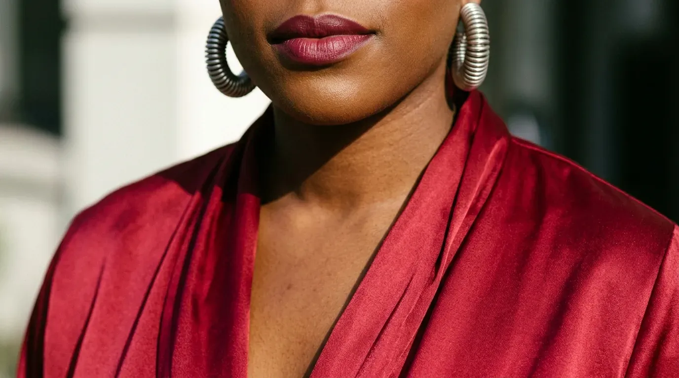 A woman with gray hair wearing a vibrant ruby red blouse and berry lipstick.