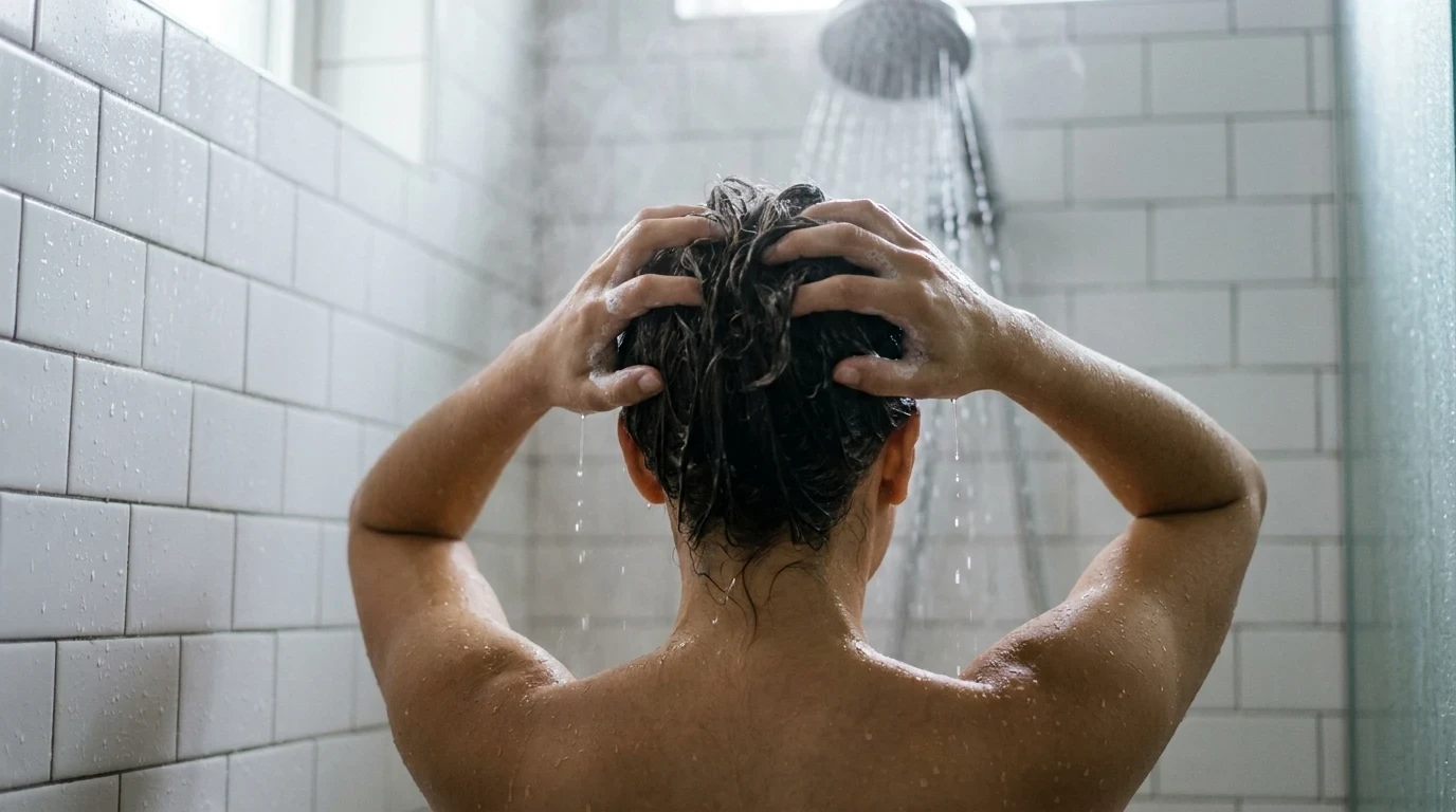 A woman gently massaging sulfate free shampoo into her scalp under a lukewarm shower.