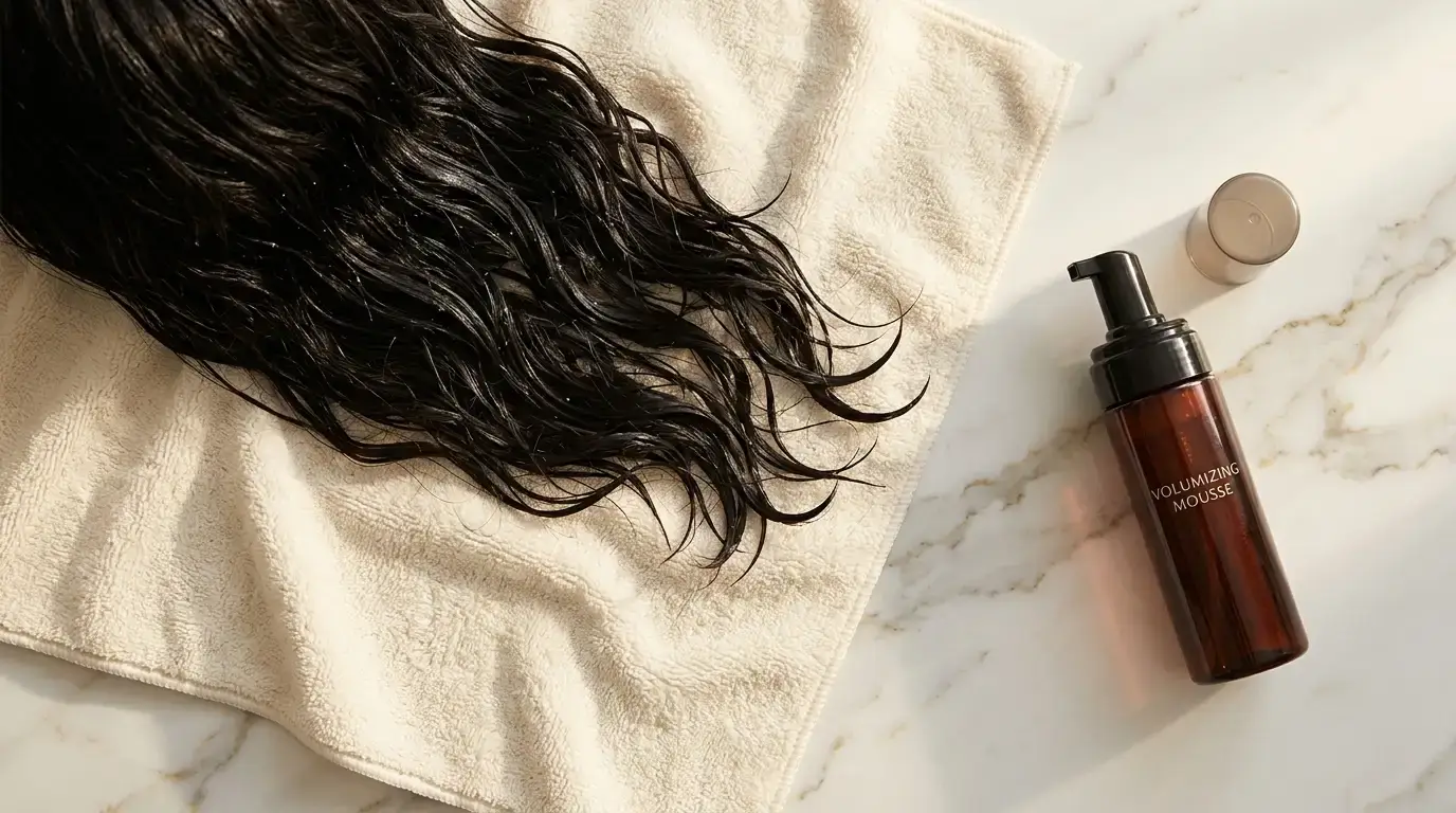 Damp washed hair resting on a plush microfiber towel next to styling mousse on a stone counter.