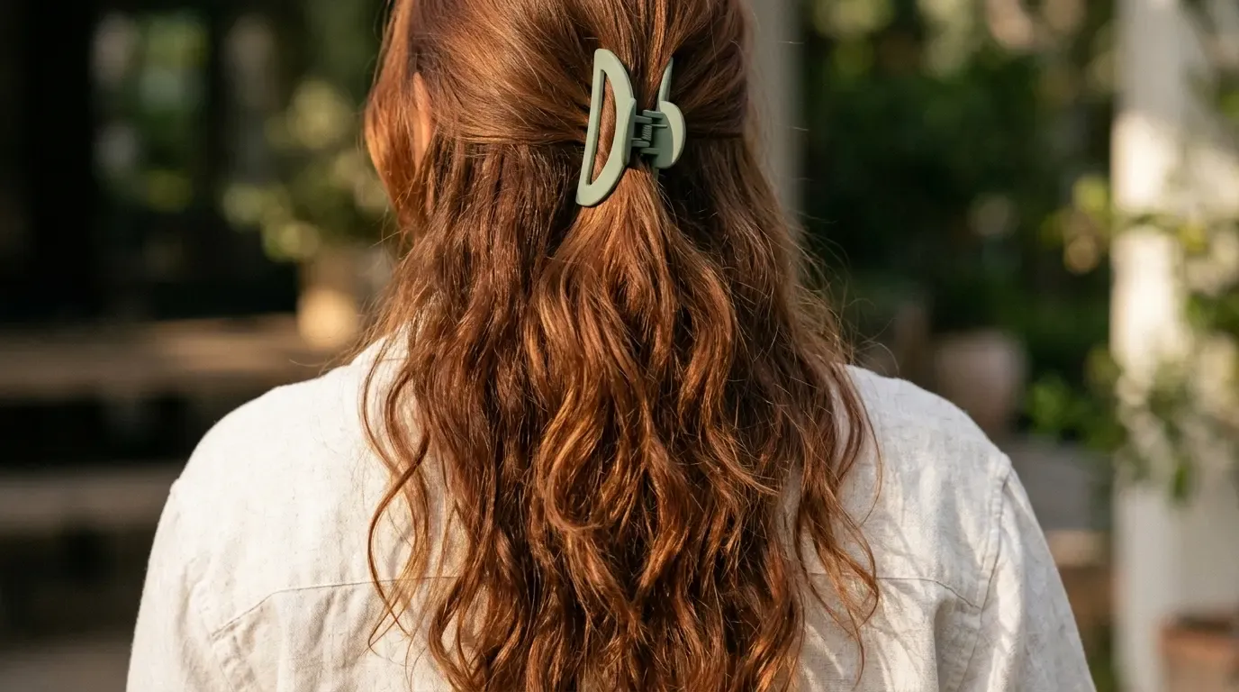 Long wavy auburn hair styled in a half-up crown twist using an arched sage green claw clip.