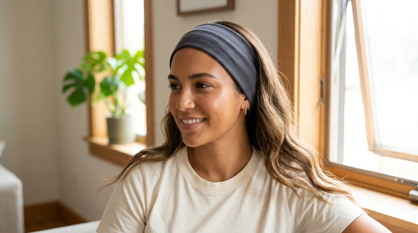 Wide ribbed fabric headband placed over the hairline to conceal front roots