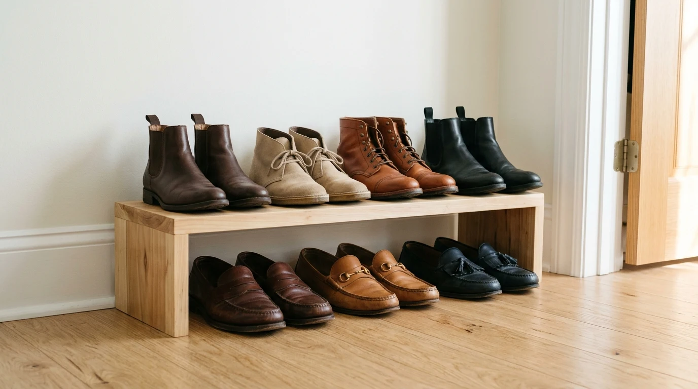 Low two-tier wooden shoe riser organizing footwear along a closet floor