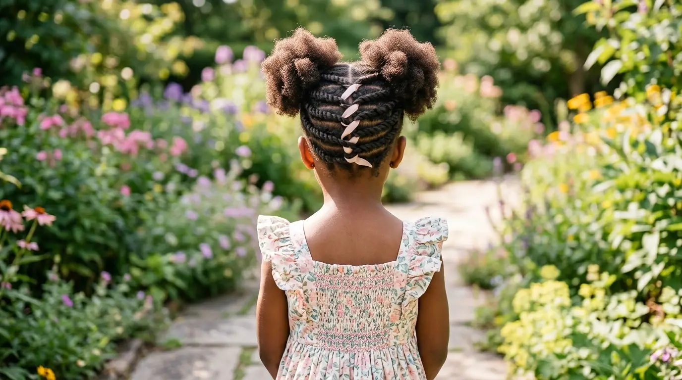 Flat twists with woven pink ribbon leading into two soft afro puffs